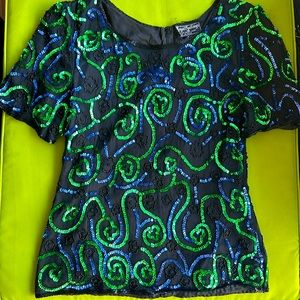 Vintage Sequin Beaded Blue Green Black Silk top Size Medium